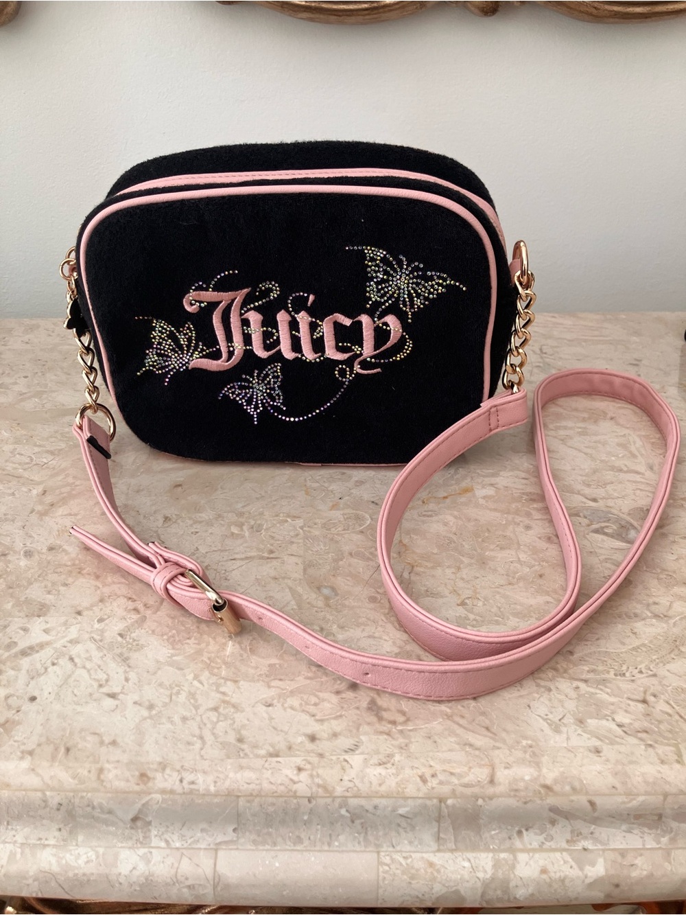 Juicy Couture Black Camera Crossbody Bag with Pink Trim and Crystal Butterflies